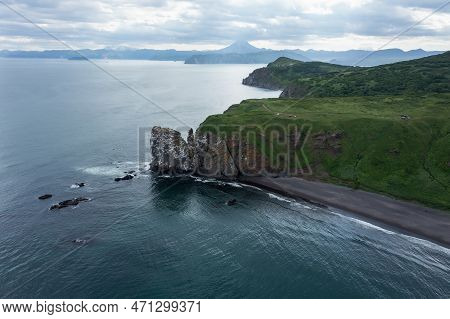 Aerial Drone Photo Of Mayachny Cape On Kamchatka Peninsula On Picturesque Avacha Bay Coast Covered B