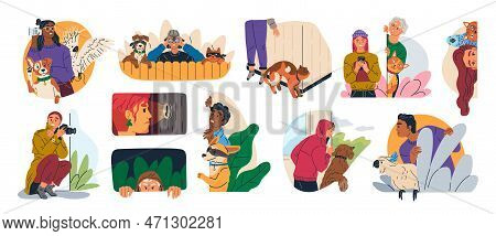 People Spying, Observing And Sneaking Set. Secret Spying, Looking Through Binocular. Characters Peep