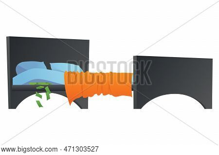Keep Money Under Bed Mattress. Poor Financial Literacy, Cash Saving, Cartoon Vector Illustration Iso