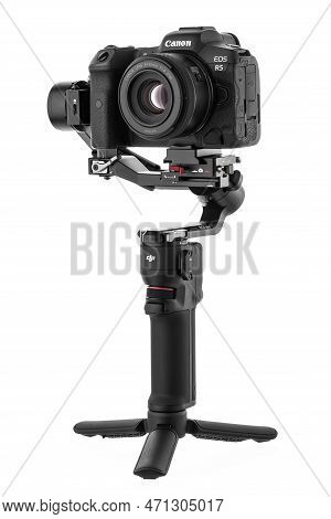 Varna, Bulgaria - February 17, 2023: Camera Canon R5 For Photo And Video And Dji Ronin 3 Mini Gimble