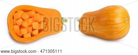 Butternut Squash Or Pumpkin Half Isolated On White Background With Full Depth Of Field. Top View. Fl