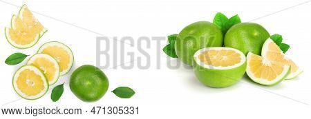Citrus Sweetie Or Pomelit, Oroblanco With Leaf Isolated On White Background With Copy Space For Your