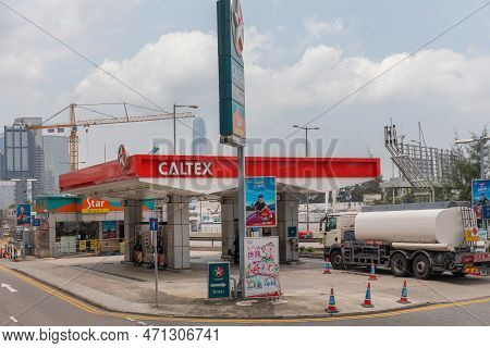 Hong Kong, China - May 1, 2017: Caltex Petrol Station At Island In Hong, Kong, China.