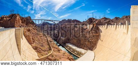 Panorama Of Mike O'callaghan-pat Tillman Memorial Bridge In Colorado River At Nevada And Arizona Bor