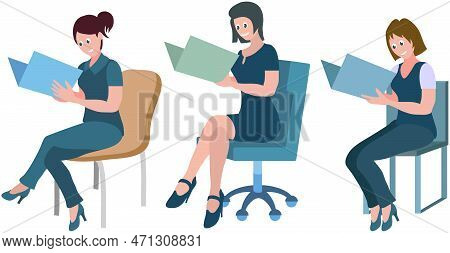 Set Of Three Isolated Female Character Sitting On Chair At Office Meeting Holding Paper Folder, Woma
