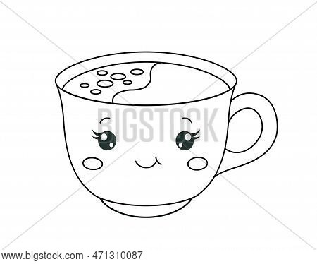 Kawaii Cup Of Tea Line. Mug Of Coffee Or Other Hot Drink And Tasty Liquid, Aroma And Beverage. Poste
