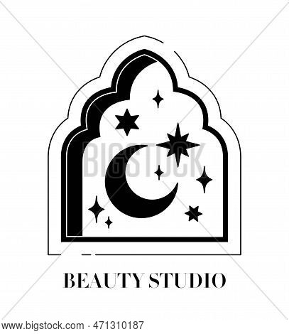 Beauty Study Black Logo. Moon And The Stars In Frame, Night Sky In Window. Minimalistic Creativity A
