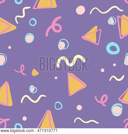 Cute Simple Pattern With Different Hand Painted Elements. Vector Seamless Template Background. Color