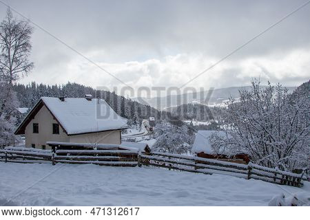 Winter View Of Zlatar, Serbia. Cold Winter Morning. Lawn And Forests.