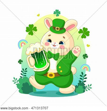 Vector Illustration Of A Cute Bunny With A Mug Of Beer For Sant Patricks Day