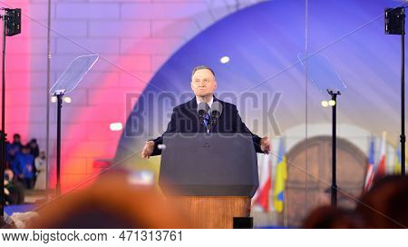 Warsaw, Poland. 21 February 2023. Poland President Andrzej Duda At The Warsaw Royal Castle Gardens. 