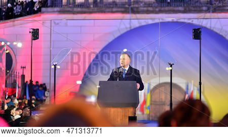 Warsaw, Poland. 21 February 2023. Poland President Andrzej Duda At The Warsaw Royal Castle Gardens. 