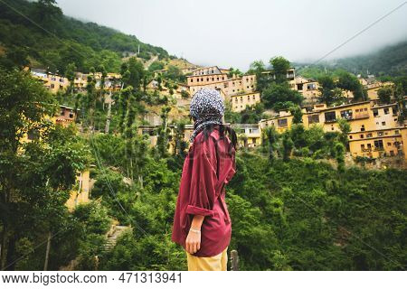 Tourist Woman Stand Enjoy Scenic Masuleh Village Panorama In North East Iran - Popular Famous Touris