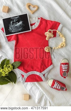 Mockup Of Social Media Baby Announcement. Pregnancy Announcement Background With Blurred . Selective