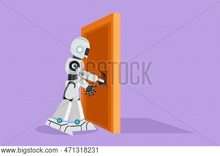 Character Flat Drawing Robot Holding Door Knob. Entering Working Room In Office Or Factory Building.