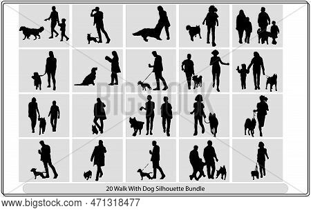 People Walking With Dogs. Black And White Vector Illustration.