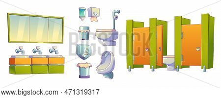 Cartoon Set Of School Toilet Interior Elements Isolated On White Background. Contemporary Vector Ill
