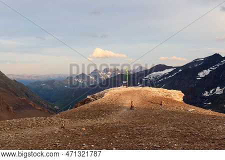 Mountain Panorama View With Flag Seen From Grosser Burgstall In Glockner Group, Austria