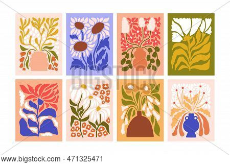 Flower Posters Set. Botanical Wall Arts With Trippy Groovy Spring Floral Plants In Vase. Modern Tren