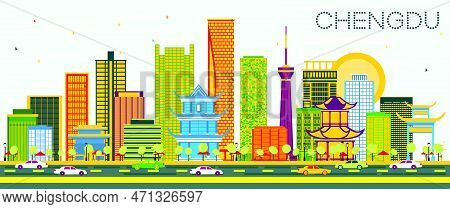 Chengdu China Skyline With Color Buildings And Blue Sky. Vector Illustration. Business Travel And To
