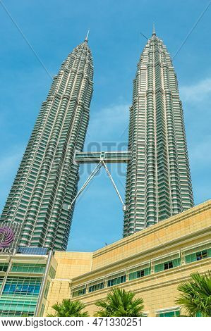 Kuala Lumpur, Malaysia - January 2023: Petronas Twin Towers In Kuala Lumpur Iconic Landmark Of Malay