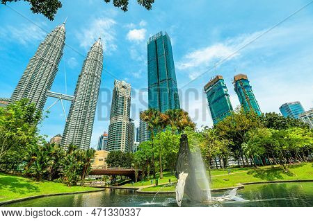 Kuala Lumpur, Malaysia - January 2023: Petronas Twin Towers Feature Unique Steel And Glass Facade An