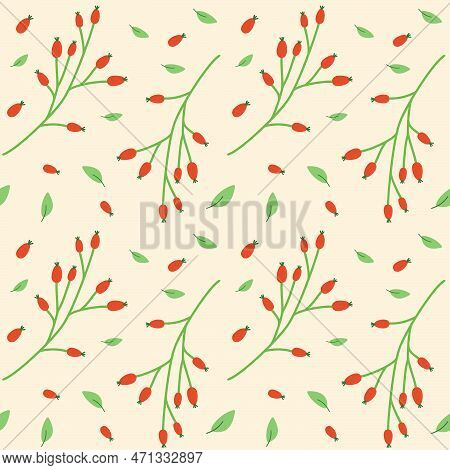 Seamless Pattern With Twigs, Berries And Leaves. Stylized Plants On A Light Background. Vector Illus