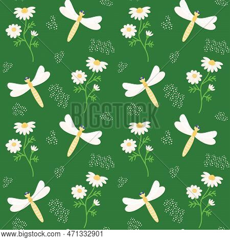 Seamless Pattern With Dragonflies And Flowers. An Insect With Large Wings Flies Among Flowering Plan