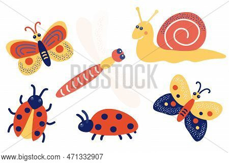 A Set Of Insects - Butterfly, Snail, Ladybug, Dragonfly. Vector Illustration In Cartoon Style. Isola