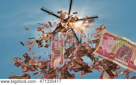 Iraq Dinar Banknotes Helicopter Money Dropping. Iraqi 25000 Iqd Notes Abstract 3d Concept Of Inflati