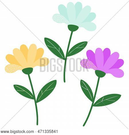 Multicolored Flowers. Vector Illustration Of A Stylized Plants In Cartoon Style. Isolated On A White