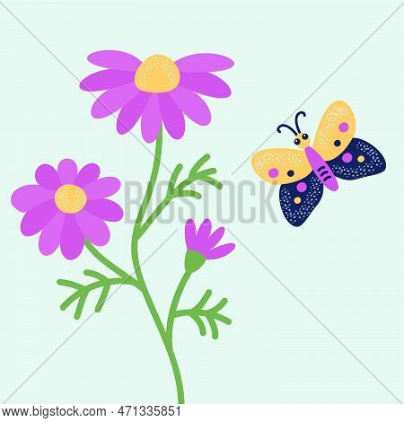 Flower And Butterfly. Vector Illustration Of Stylized Plants And Insects In Cartoon Style. Isolated 