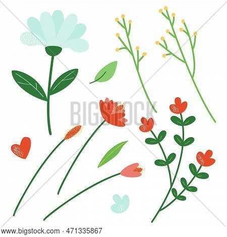 A Set Of Twigs And Flowers For Decoration. Vector Illustration Of Stylized Plants In Cartoon Style. 