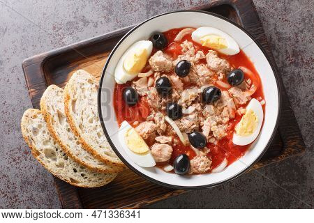 Traditional Murcian Salad Mojete Made Of Tomato, Canned Tuna, Black Olive, Boiled Egg And Onion Clos