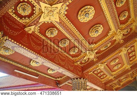 Gorgeous Details Of The Cloister Ceiling Of The Marble Temple Or Wat Benchamabophit In Bangkok, Thai