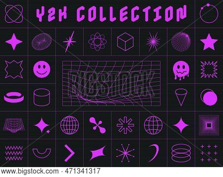 Y2k Style Symbols And Design Elements. Collection Of Abstract And Geometric Acid Design Elements In 