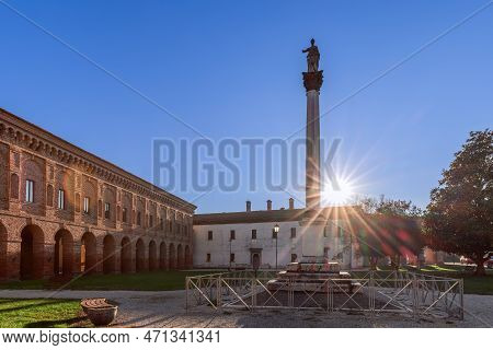 The Column With Statue Of Minerva (colonna Di Minerva) And Galleria Degli Antichi In The Rays Of The