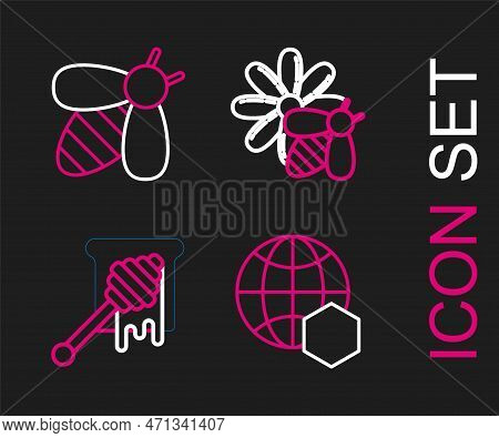Set Line Honeycomb Map Of The World, Dipper Stick With Dripping Honey, Bee And Flower And Icon. Vect