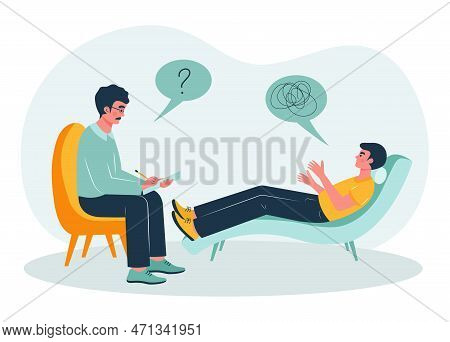 Man Lying On A Couch At A Psychotherapist's Appointment. Male Psychotherapist Sitting In Front Of Th