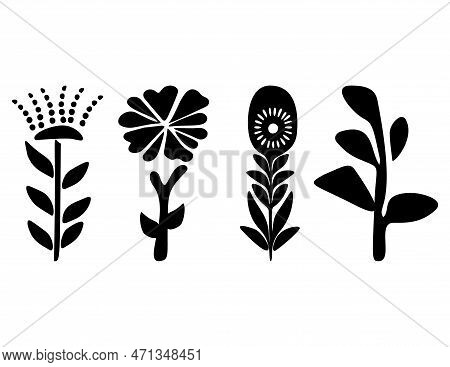 Folkart Flower Vector Illustration Set . Botanical Kids Scandi Garden Botanicals Collection.
