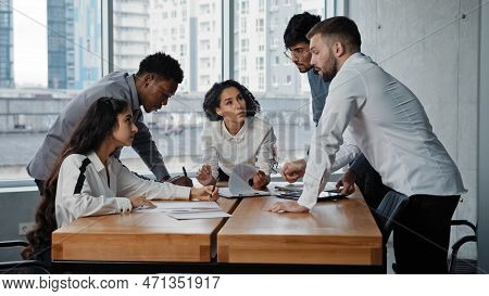Business Teamwork In Boardroom. Multiethnic People Company Workers Employers Together Discuss Projec