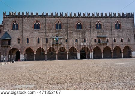 Historic Brick Building With Portico And Windows, Palazzo Del Capitano In The City Of Mantua, Italy