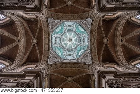 Grimbergen, Flemish Brabant Region -  Belgium - Feb. 19 2023 - Decorated Ceiling, Columns And Dome O