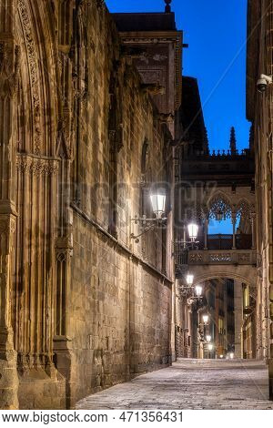 The Barrio Gotico In The Old Town Of Barcelona At Twilight With The Pont Del Bispe