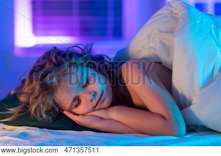 Sweet Sleep. Kid Sleeps On Bed, Napping. Cute Child Sleeping.