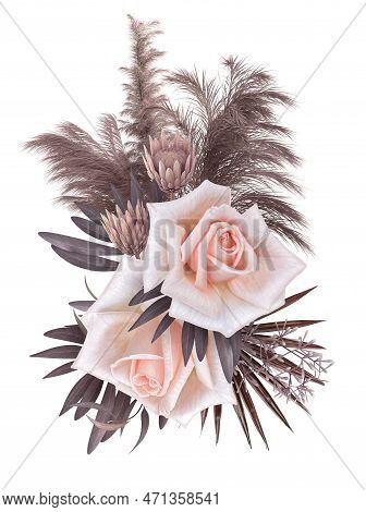 Beige Golden Flower Arrangement, Retro Bouquet Of Peach Roses, Exotic Plants, Leaves, Flowers, Dry B