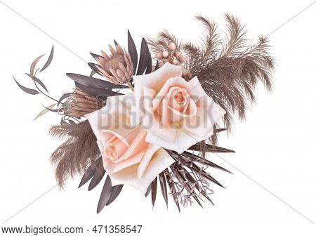Beige Golden Flower Arrangement, Retro Bouquet Of Peach Roses, Exotic Plants, Leaves, Flowers, Dry B