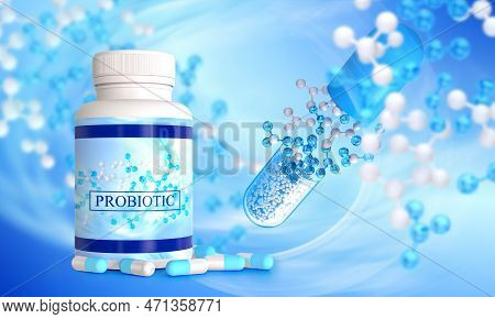 Medical Background In Blue Tone, Pharmaceuticals For Digestion, Plastic Container Jar With Lid, Prob