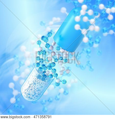 Medical Background In Blue Tone, Pharmaceuticals For Digestion, Plastic Container Capsule In Levitat