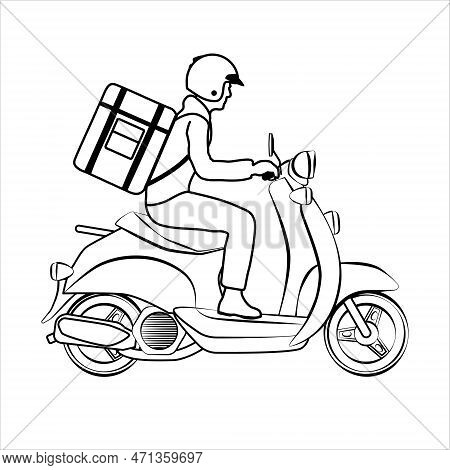 Delivery Man Riding Scooter With Box. Vintage Scooter Sketch Drawing. Moped For Delivery, Scooter Fo